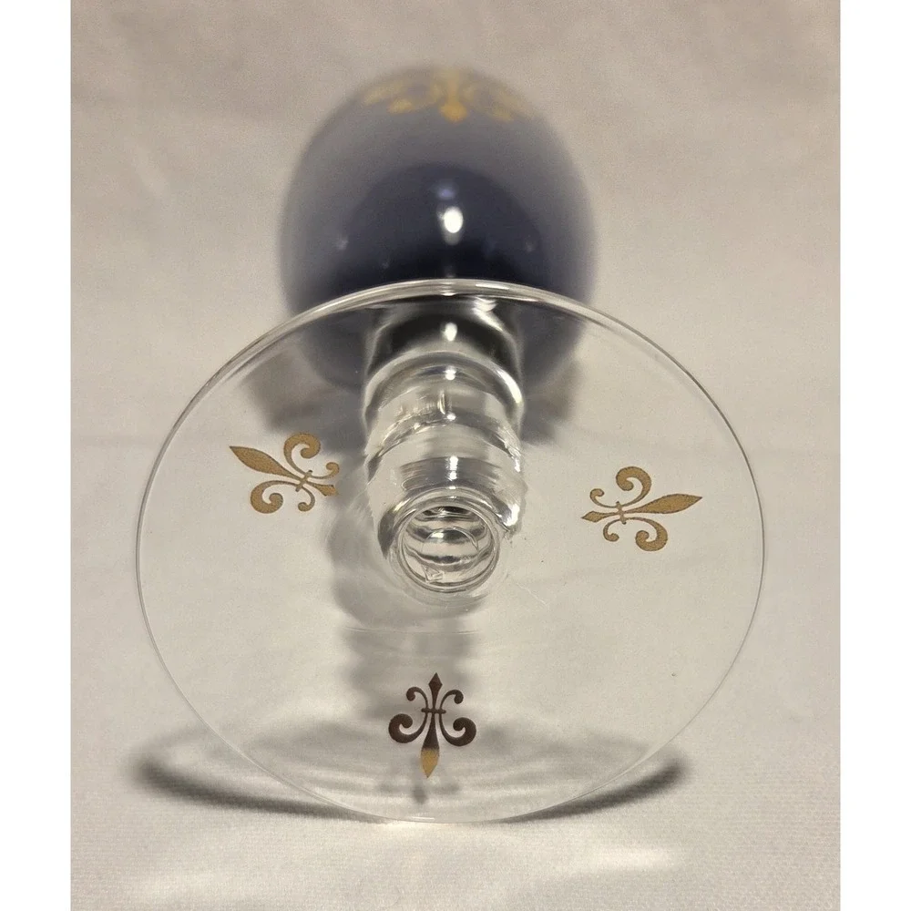 Fleur de Lis Goblet Smoky Gray Glass Gold Black Crown Bubble Stem 8